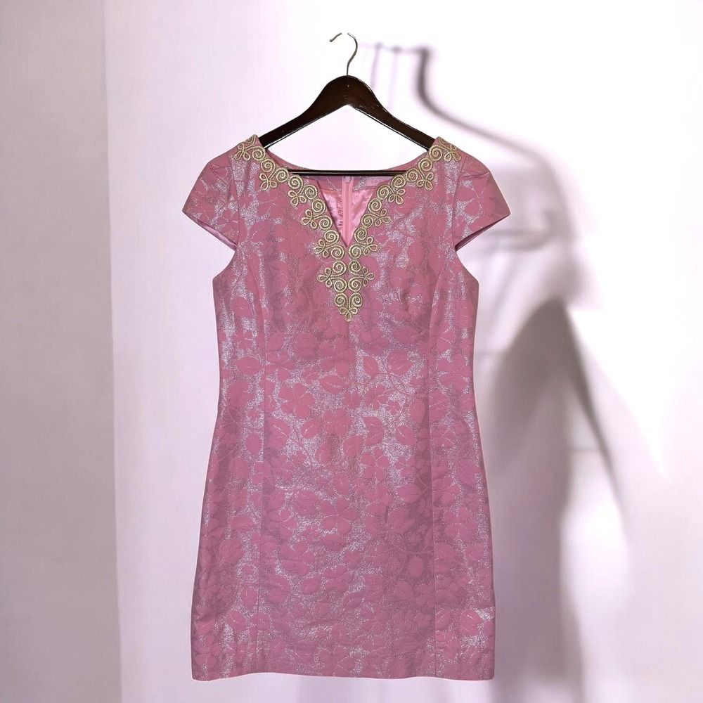 Lilly Pulitzer Annie Metallic Dress Jacquard Shimmer Pink Rosaline Retro size 10